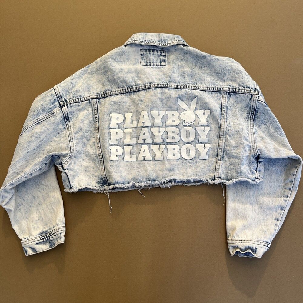 Playboy X Pacsun Cropped Jean Jacket Frayed Hem Acid Wash Women's Large - Picture 1 of 7